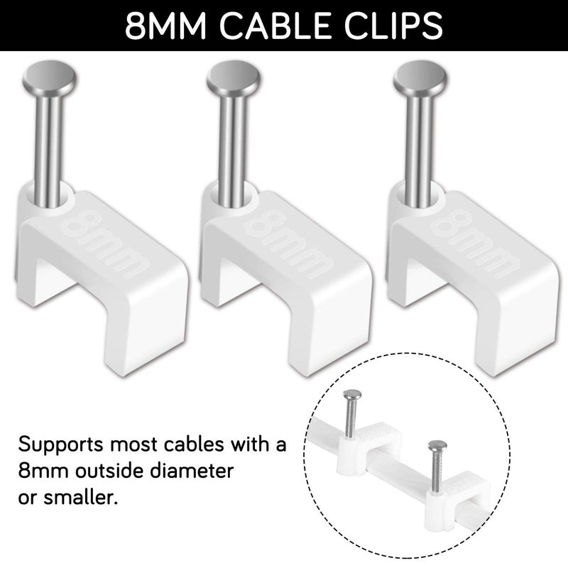 CableGeeker Cable Clips - CableGeeker 100 Pieces Ethernet Cable Clips with Nails 8mm Cord Holder for Cat6 Cat7 Flat Ethernet Cable (White) - Image 2